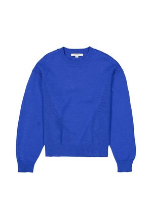 Heller blauer Strickpullover mit langen Ärmeln, gerippten Bündchen, Rundhalsausschnitt und geripptem V-förmigem Detail auf der Vorderseite.