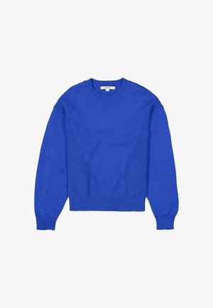 Felblauwe gebreide trui met lange mouwen, geribde boorden, ronde hals en geribd V-vormig detail aan de voorkant.