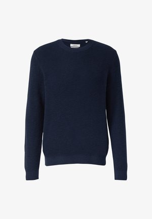 Marineblauer Strickpullover mit Rundhalsausschnitt, strukturiertem Stoff, gerippten Bündchen und Saum. Schlichtes Design ohne sichtbare Muster oder Grafiken.