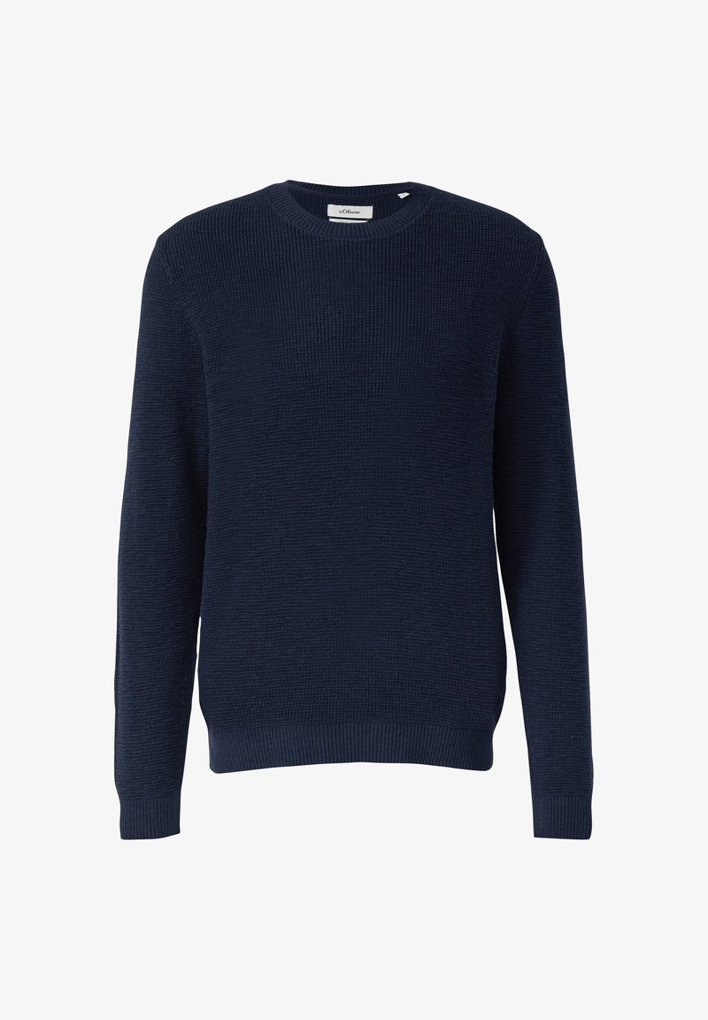 Pull en tricot bleu marine avec un col rond, tissu texturé, bords-côtes aux poignets et à l'ourlet. Design simple, sans motifs ni graphiques visibles.