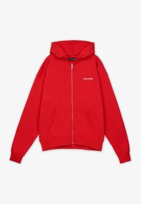 Red zip-up hoodie with front pockets, hood, ribbed cuffs and hem, and small white "PEGADOR" logo on the left chest.