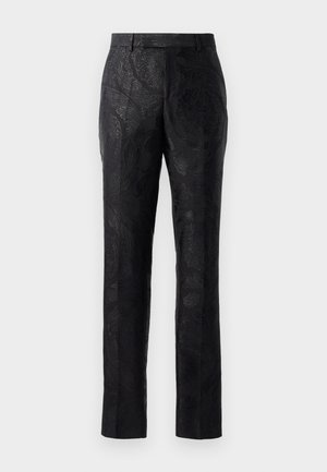 Black trousers with a subtle floral jacquard pattern, straight cut, and smooth texture. Features a classic waistband and tailored fit.