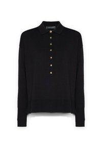 Pullover polo nero lavorato a maglia con colletto, caratterizzato da una pattina con bottoni dorati e polsini e orlo a coste.