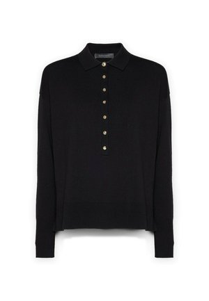 Pullover polo nero lavorato a maglia con colletto, caratterizzato da una pattina con bottoni dorati e polsini e orlo a coste.
