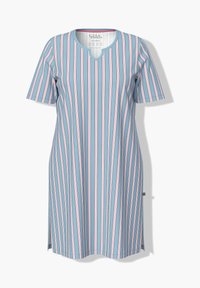 Vestido de manga corta en azul claro con rayas verticales en rosa y blanco. Presenta un escote en V y un corte holgado, hecho de un material suave.
