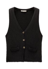 Schwarze gestrickte Weste mit V-Ausschnitt, vorderer Knopfleiste und zwei vorderen Taschen. Verfügt über fünf runde braune Knöpfe und einen strukturierten Stoff.