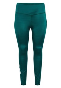 Teal leggings gemaakt van rekbaar materiaal, met een brede tailleband en een witte accent langs de zijkant. Soepele textuur, aansluitend ontwerp.