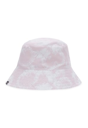 Lyserødt tie-dye bucket-hat lavet af blødt stof med bred skygge og fine teksturmønstre. Har en syet bånd- og mærkedetalje.