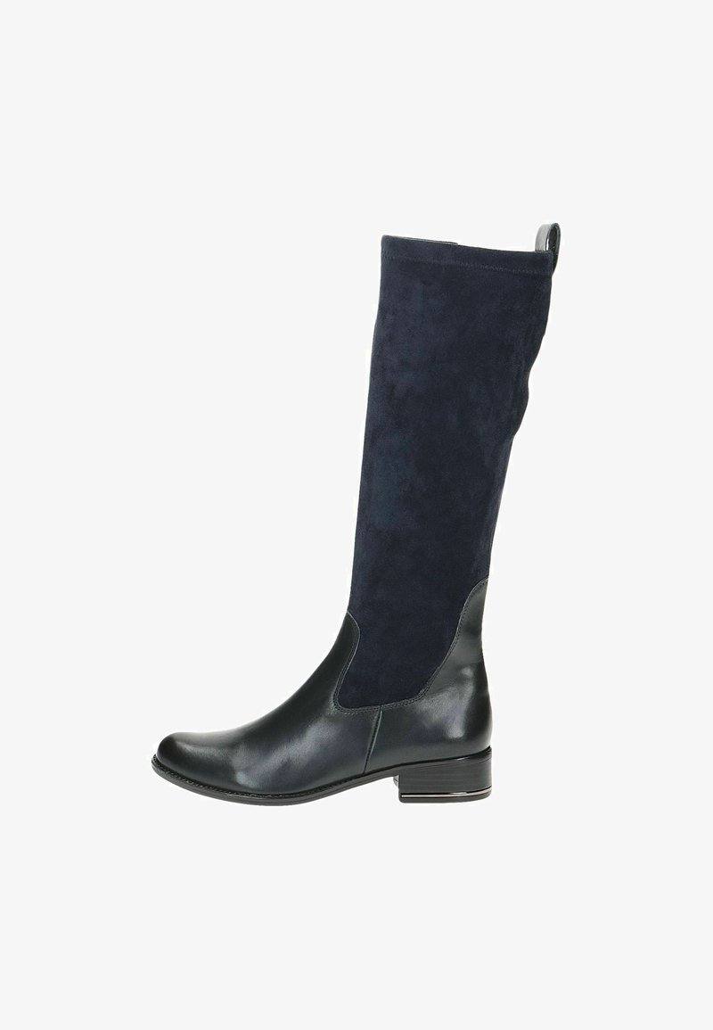 Põlve kõrgused saapad, millel on tumesinised sametist varred ja läikiv must nahast jalus. Bloki konts, millel on tagasihoidlik disain ja sang lihtsaks selga panemiseks.