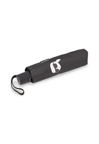 Black umbrella with a sleek design, featuring a cartoon face graphic and a strap for easy carrying. Fabric cover with a smooth texture.