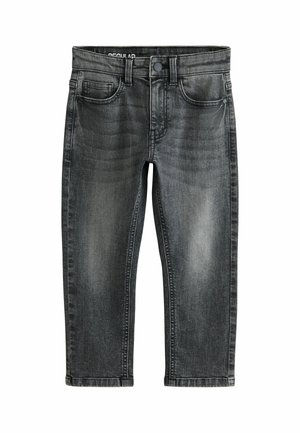 Schwarze ausgebleichte Denim-Jeans mit Frontknopf, Reißverschluss, Gürtelschlaufen und fünf Taschen, dargestellt vor weißem Hintergrund.
