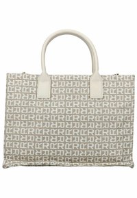 Beige schoudertas van textured stof, met een herhaald patroon van een wit logo, twee stevige handgrepen en een ritssluiting aan de bovenkant.