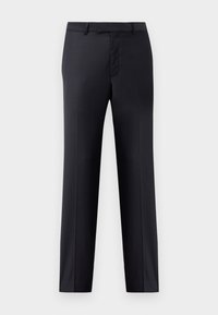 Calças pretas ajustadas com uma textura suave, corte reto e um design à frente liso. Inclui passantes para cinto e um único vinco na frente.