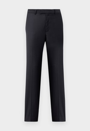 Black tailored trousers with a smooth texture, straight cut, and a flat front design. Features belt loops and a single front crease.