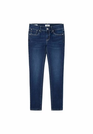 Granatowe jeansy slim fit z przednimi i tylnymi kieszeniami, zapinane na guziki, z delikatnymi przetarciami na udach i kolanach.