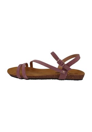 Strappy sandal with pink suede upper, adjustable ankle strap, and brown textured footbed. Features a flat cork sole and minimal design.