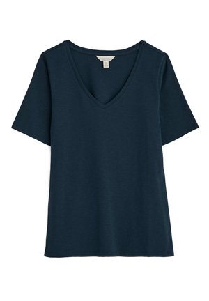 Navy blue V-neck t-shirt with short sleeves, made from soft, lightweight fabric. Features a relaxed fit and straight hem.