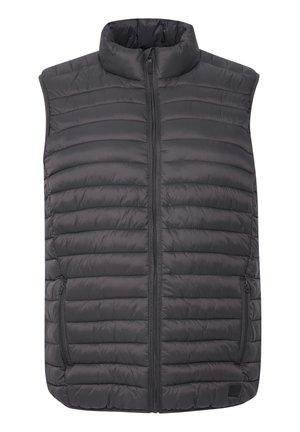 Gilet grigio imbottito con colletto alto, zip frontale completa e due tasche laterali con zip. Design trapuntato orizzontale con texture liscia.