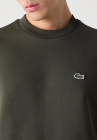 Gros plan sur une personne portant un t-shirt vert foncé à col rond avec un petit logo de crocodile vert brodé sur la poitrine.