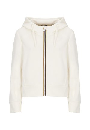 Giacca con cappuccio bianca con zip, caratterizzata da una striscia multicolore sul davanti, realizzata in tessuto morbido con una vestibilità comoda e tasche anteriori.