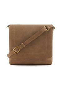 Bruine leren schoudertas met een flapsluiting, verstelbare band en gouden hardware. Heeft gestikte details en een geperst logo.