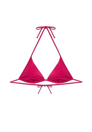 Bright pink triangle bikini top with halter neck and back ties on a white background.