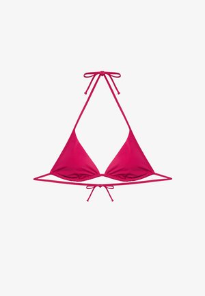 Top de bikini triangular de color rosa brillante con cuello halter y lazos en la espalda sobre fondo blanco.