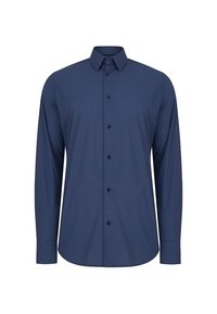 Granatowa koszula z długim rękawem o usztywnionym kołnierzyku, zapinana na guziki z delikatnym teksturowanym wzorem. Posiada dopasowane guziki przy listwie.