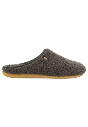 Chausson en polaire gris avec une texture douce et un bout rond. Dispose d'une semelle en caoutchouc beige et d'un accent logo subtil près de l'ouverture.