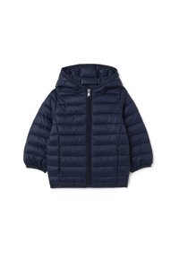 Chaqueta acolchada azul marino con capucha, con cierre de cremallera en la parte delantera, diseño acolchado, puños elásticos y dos bolsillos laterales. Material de nailon suave.