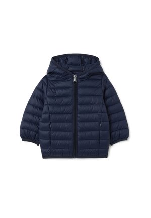 Giubbotto imbottito blu navy con cappuccio, dotato di zip frontale, design trapuntato, polsini elasticizzati e due tasche laterali. Materiale in nylon liscio.