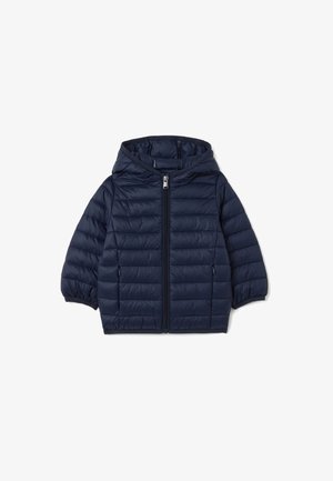 Giubbotto imbottito blu navy con cappuccio, dotato di zip frontale, design trapuntato, polsini elasticizzati e due tasche laterali. Materiale in nylon liscio.