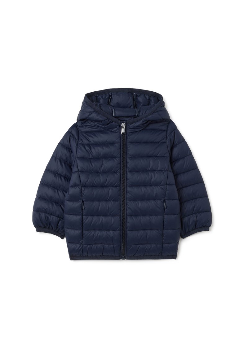 Chaqueta acolchada azul marino con capucha, con cierre de cremallera en la parte delantera, diseño acolchado, puños elásticos y dos bolsillos laterales. Material de nailon suave.