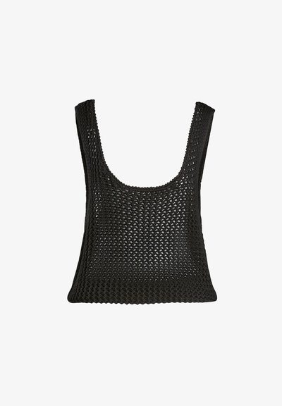 Top de punto negro sin mangas con escote redondeado y tirantes anchos, que presenta un patrón de tejido abierto y una silueta de corte relajado.