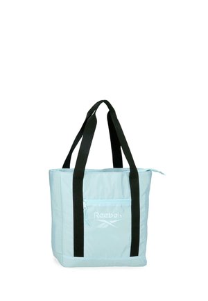 Bolso tote de Reebok azul claro con asas negras y un bolsillo frontal con cremallera, diseñado para uso casual o deportivo.