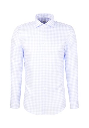 Chemise à manches longues à boutons en motif vichy bleu clair et blanc. Fabriquée en coton avec un col structuré et un ourlet arrondi.