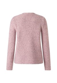 Rosa gestrickter Pullover mit langen Ärmeln, rundem Ausschnitt und strukturierter Oberfläche, die dezente Sprenkel in Lavendel und Blau aufweist.