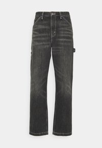 Jean en denim noir coupe droite avec des détails délavés, poches avant, passants de ceinture et fermeture par bouton et zip.