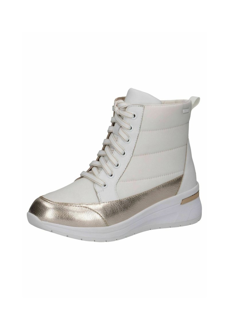 Witte enkellaarzen met metallic gouden accenten, gevoerde zijkanten en een ronde neus. Voorzien van een vetersluiting aan de voorkant en een getextureerde zool voor grip.
