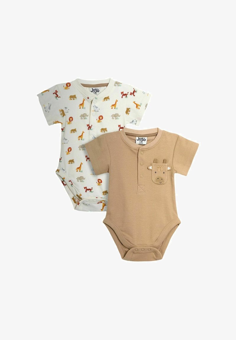 Deux bodies bébés à manches courtes : un beige avec une poche en forme de tête de girafe, un blanc avec des imprimés colorés d'animaux de safari et des boutons-pression.
