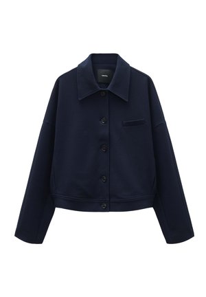 Navy blue cropped jacket made of soft fabric, featuring a collared neckline, front buttons, and a small pocket on the left chest.