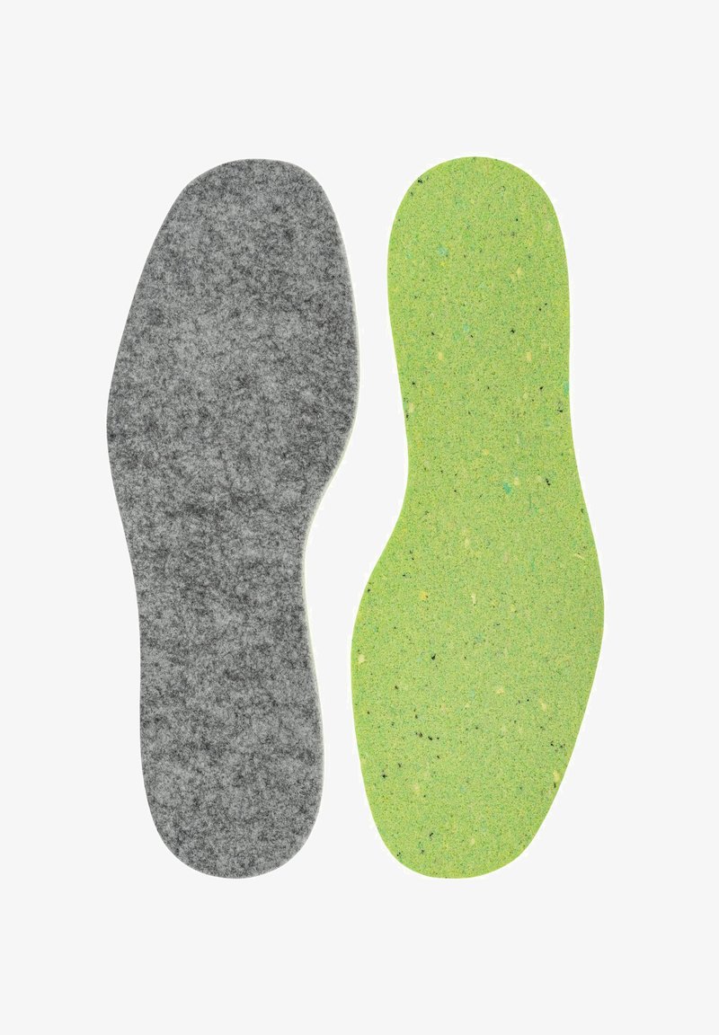 Two shoe insoles side by side, one made of gray felt material, the other green foam with small black and blue specks.