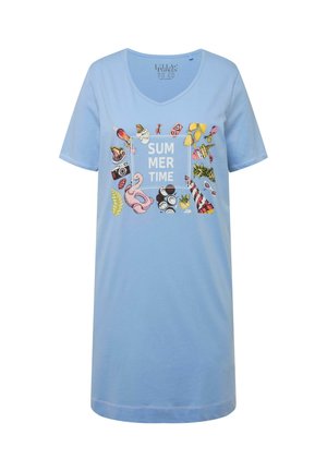 Lichtblauw T-shirt met korte mouwen en een V-hals, voorzien van een kleurrijke "SUMMER TIME" graphic en verschillende zomer-thema illustraties.