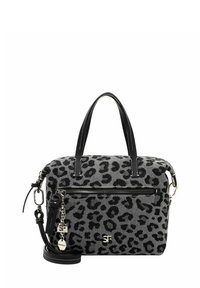 Leopard print handbag made of textured fabric with black leather accents, dual top handles, detachable strap, and front zipper pocket.
