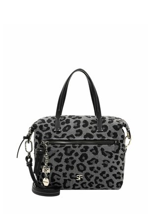 Leopard print handbag made of textured fabric with black leather accents, dual top handles, detachable strap, and front zipper pocket.