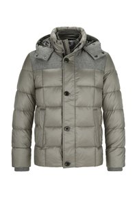 Gepolsterte Jacke in Hellgrau mit grauem Wollmischgewebe an der Schulter, Kapuze, vorderer Knopfleiste und geripptem Textur an den Bündchen.