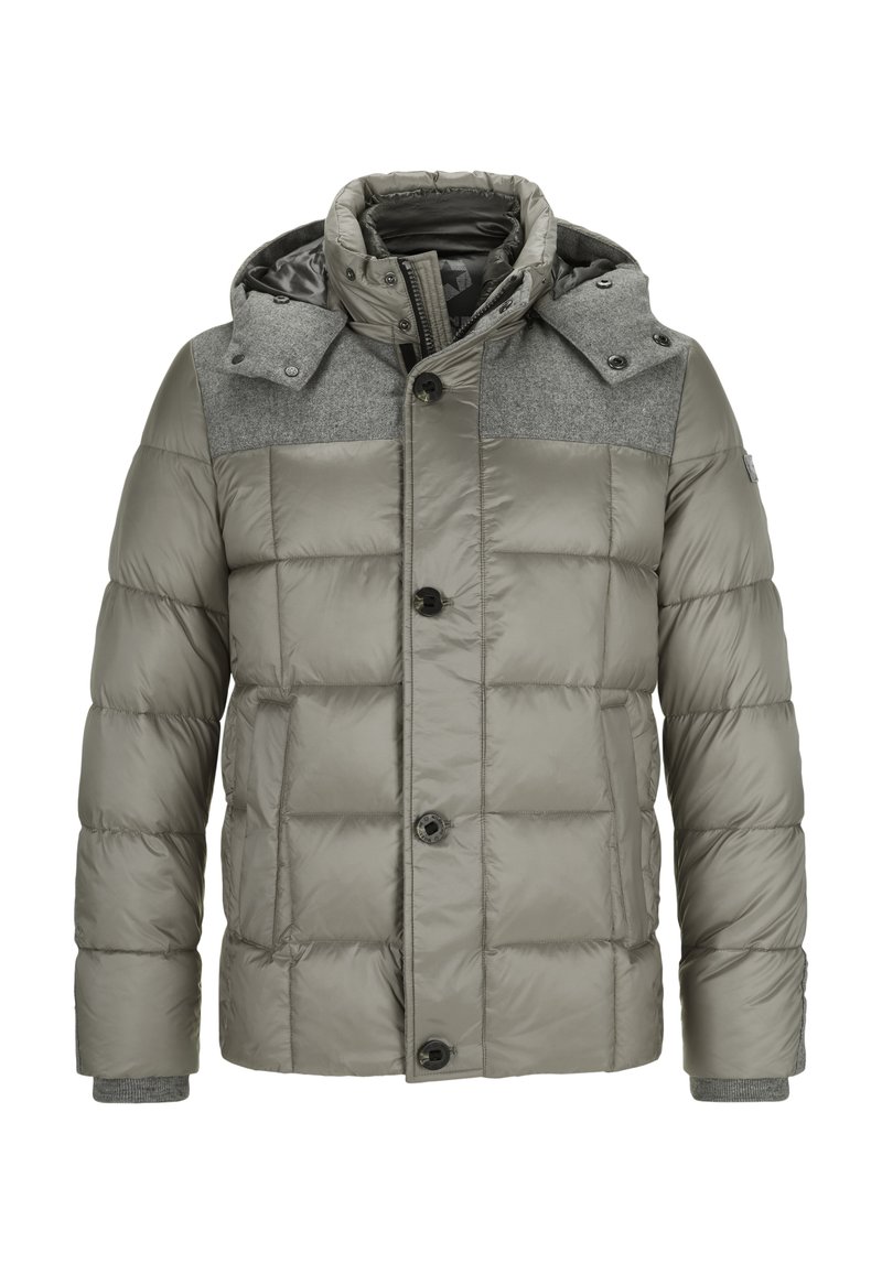 Gepolsterte Jacke in Hellgrau mit grauem Wollmischgewebe an der Schulter, Kapuze, vorderer Knopfleiste und geripptem Textur an den Bündchen.