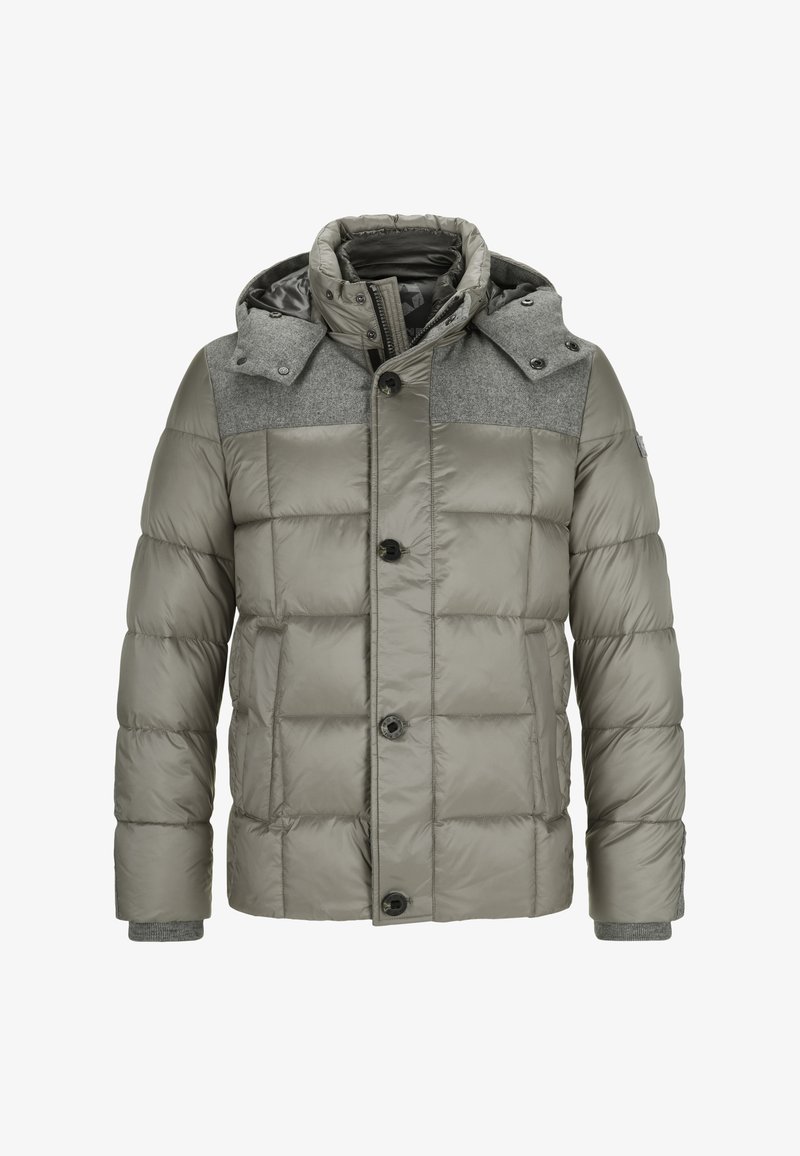 Gepolsterte Jacke in Hellgrau mit grauem Wollmischgewebe an der Schulter, Kapuze, vorderer Knopfleiste und geripptem Textur an den Bündchen.