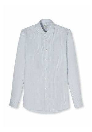 Herrenhemd mit langen Ärmeln, dünnen vertikalen blau-weißen Streifen, knöpfbarem Vorderteil und klassischem spitz zulaufendem Kragen.