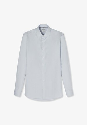 Herrenhemd mit langen Ärmeln, dünnen vertikalen blau-weißen Streifen, knöpfbarem Vorderteil und klassischem spitz zulaufendem Kragen.